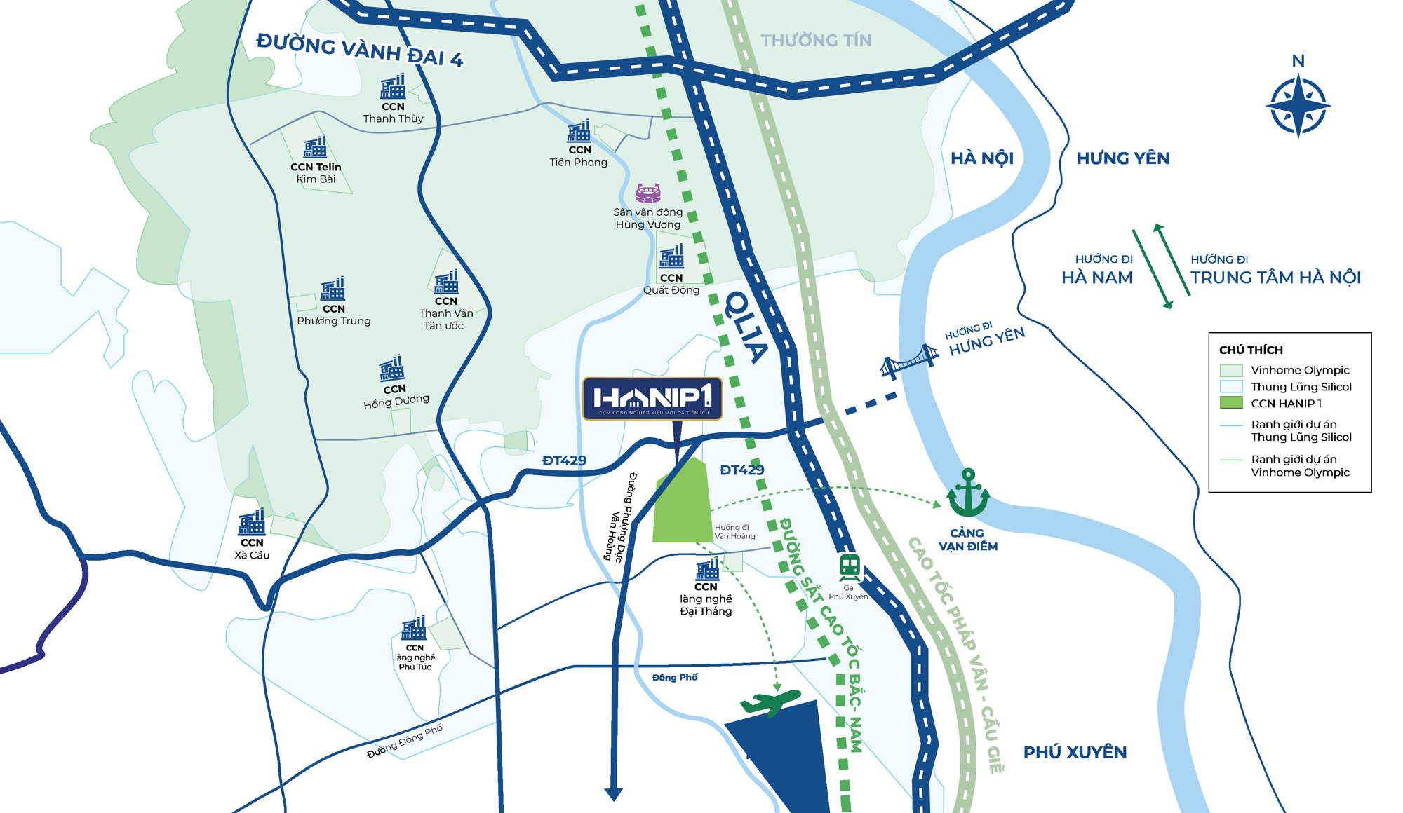 Hanip 1区位图:DT429省道、1A国道、法云–桥寄高速、南北高铁、4号环路、万点港
